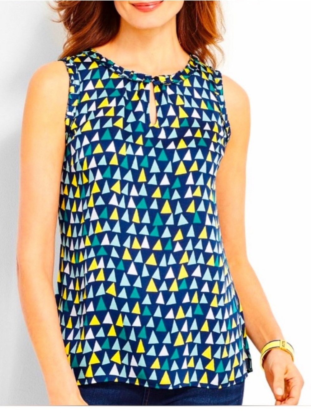 Talbots 2X Geometric Triangle Print Sleeveless Blouse Navy Blue